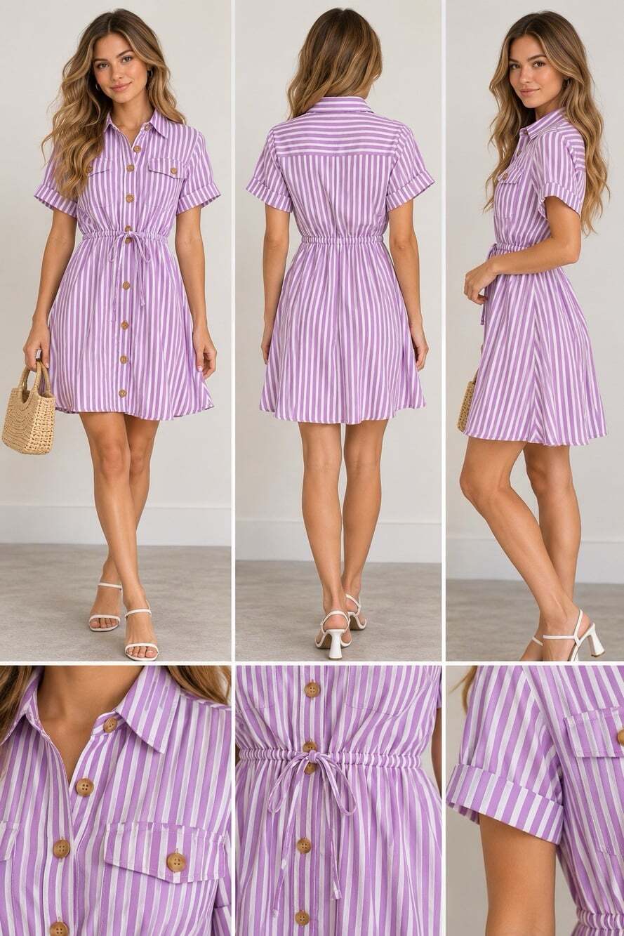 LOFT Purple White Striped Button Front Drawstring Waist Shirt Dress Size S